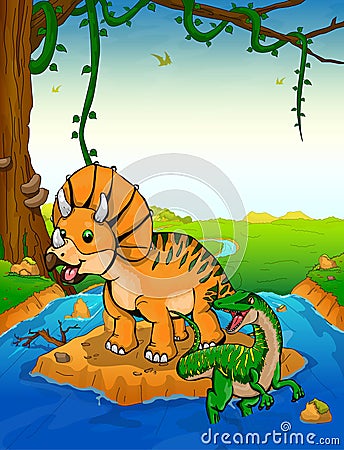 Triceratops on the background of a waterfall. Vector Illustration