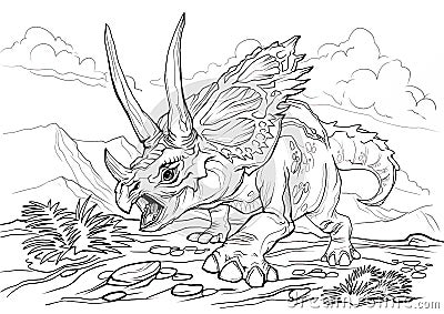 Triceratops. Dinosaur coloring page for children and adults, hand drawn illustration. A4 size. Design for wallpapers Vector Illustration