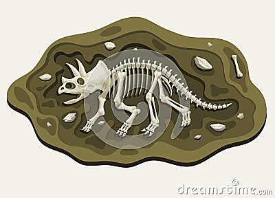 Triceratops Dinosaurs Archaeology Fossil Cartoon Discover in the Ground Vector Illustration