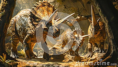 Triceratops family, featuring the iconic three-horned herbivores in a family grouping Stock Photo