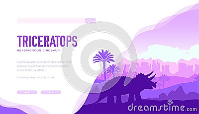 Triceratops on nature background with rocks, palmtrees. Vector Illustration