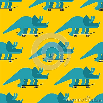 Triceratops on skateboard pattern seamless. Dino Skateboarder background. Prehistoric lizard monster riding longboard Vector Illustration