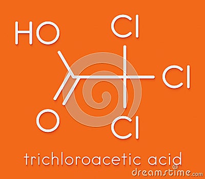 Trichloroacetic acid TCA molecule. Used in dermatological treatment of warts and related skin conditions. Skeletal formula. Stock Photo