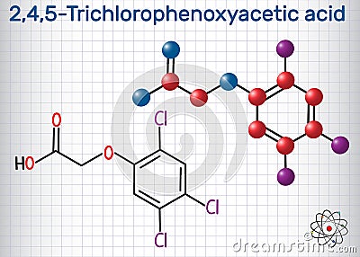 2,4,5-Trichlorophenoxyacetic acid 2,4,5-T molecule. Sheet of paper in a cage. Structural chemical formula and molecule model Vector Illustration