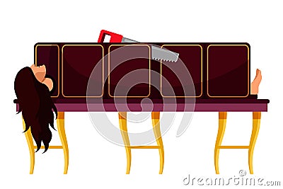 Trick with sawing woman isolated on white backdrop Vector Illustration