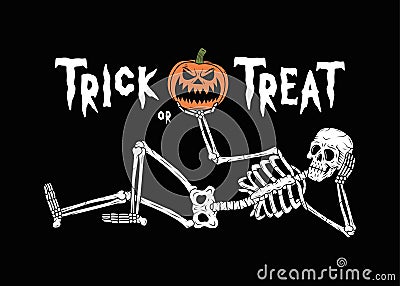 TRICK OR THREAT RESTING SKELETON WITH PUMPKIN JACK-O-LANTERN 1 Vector Illustration