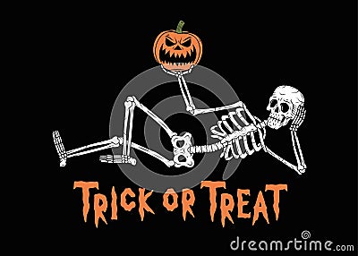 TRICK OR THREAT RESTING SKELETON WITH PUMPKIN JACK-O-LANTERN 2 Vector Illustration