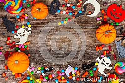 Colorful halloween candies on wood Stock Photo