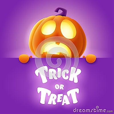 Trick or Treat. 3D illustration of cute glowing Jack O Lantern orange pumpkin character with big greeting signboard on purple Vector Illustration