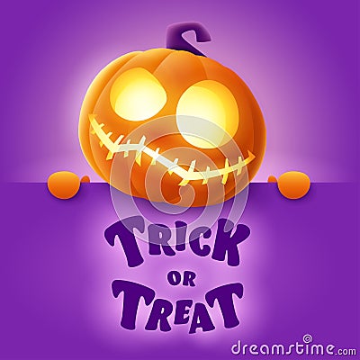 Trick or Treat. 3D illustration of cute glowing Jack O Lantern orange pumpkin character with big greeting signboard on purple Vector Illustration