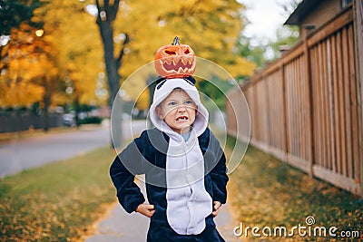 Trick or treat. Funny grumpy angry child boy with red pumpkin on head. Kid going to trick or treat on Halloween holiday. Adorable Stock Photo