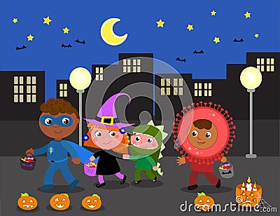 Trick or treat, Halloween children in city, cartoon illustration Vector Illustration