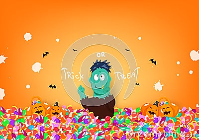 Trick or treat, halloween day, zombie monster, candy and cute pumpkin, celebration festival cartoon character, liquid splash Vector Illustration