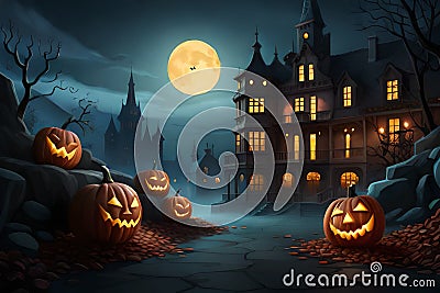 Trick or Treat: A Halloween party border with a haunted mansion looming over the festivities with Generative AI Stock Photo