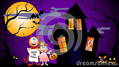 Trick or Treat Halloween Scene Cartoon Illustration