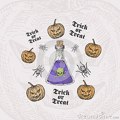 Trick or Treat Halloween Vector Background or Card Template. Hand Drawn Poison Bottle and Pumpkins with Spider Sketch Vector Illustration