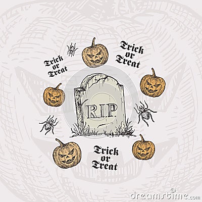 Trick or Treat Halloween Vector Background or Card Template. Hand Drawn Tomb Stone and Pumpkins with Spider Sketch and Vector Illustration