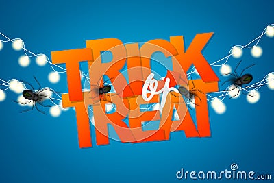 Trick or treat poster or halloween holiday greeting card with typography, spiders, and glowing lights garland on blue bckground. Vector Illustration