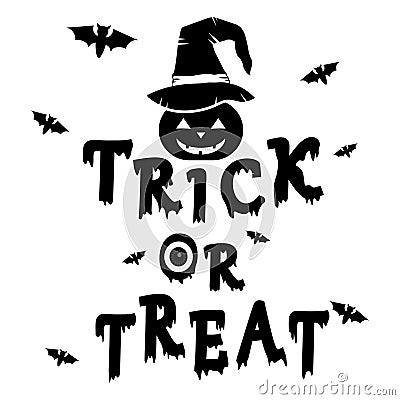 Trick and treat text Halloween and pumpkin put witch hat with bat on background. Vector Illustration