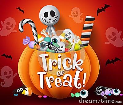 Trick or treat vector design. Trick or treat halloween pumpkin basket with sweets and scary candies. Vector Illustration