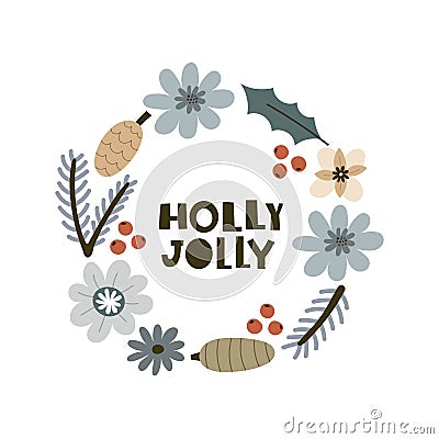 holly jolly. Cartoon christmas frame, hand drawing letterin. holiday theme. Vector Illustration
