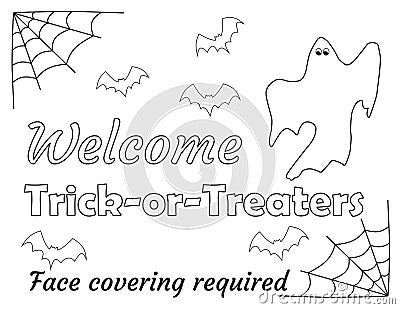 TrickorTreatersWelcome Trick or Treaters greeting face covering required coloring page Stock Photo