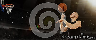 Young professional basketball player spin thr ball on finger at basketball court with people fans. Photoreal 3d render Stock Photo