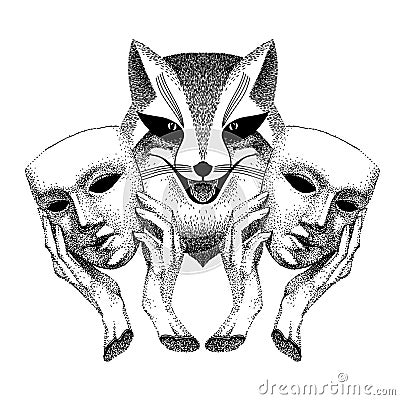 Trickster. Sly fox smiles. Fox with two masks in his hands. tattoo. Liar, dodger, mischievous, hoaxer. archetype in mythology, Vector Illustration