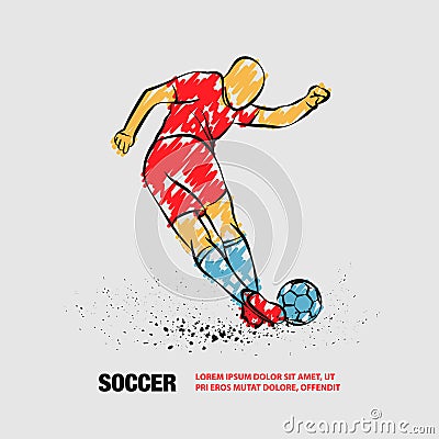 Tricky kick by soccer player. Vector outline of soccer player with scribble doodles. Vector Illustration