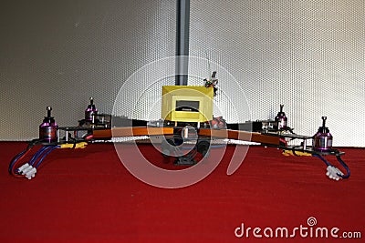 Tricopter drone design prototype build showing different electronic modules. Stock Photo