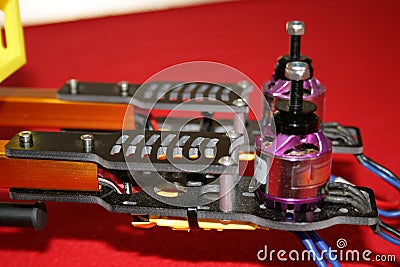 Tricopter drone design prototype build showing different electronic modules. Stock Photo
