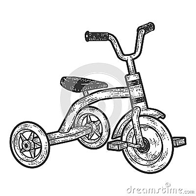 Tricycle, children bicycle. Sketch scratch board imitation. Black and white. Vector Illustration