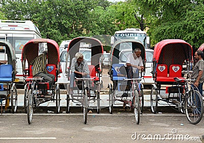 Tricycle drivers waiting for passengers in Jaipur, India Editorial Stock Photo