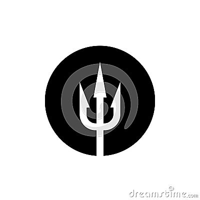 Trident icon. White on a black round background. Vector Illustration