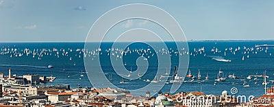 Trieste, Italy. Over 2000 of sails boat in the Adriatic sea during the Barcolana regatta 2017. The Biggest sail boat regata in the Stock Photo