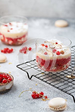 Trifle with red currant and whipped cream in glass Stock Photo