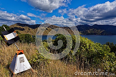 Trig station, Maud Island, Marlborough Sounds, New Zealand Stock Photo