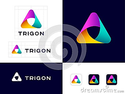 Trigon logo. Three color ribbons, intertwined elements, infinite, looping, rotation icon. Identity. Web buttons. Vector Illustration