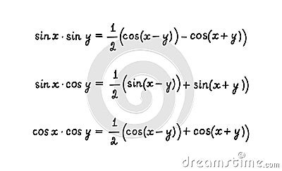 Trigonometric formulas for converting the product to the sum. Education, getting classes, school program Higher mathematics. Vector Illustration