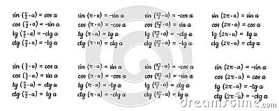 Trigonometric reduction formulas for some angles. Education, getting classes, school program Higher mathematics. Math text. Vector Illustration