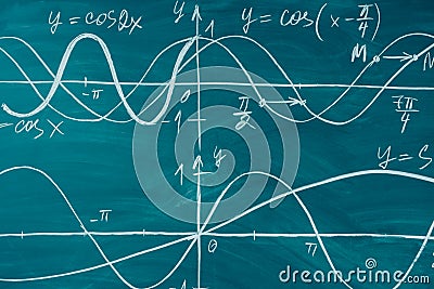 Trigonometry. School Chalkboard Function graphs Math lesson. Stock Photo