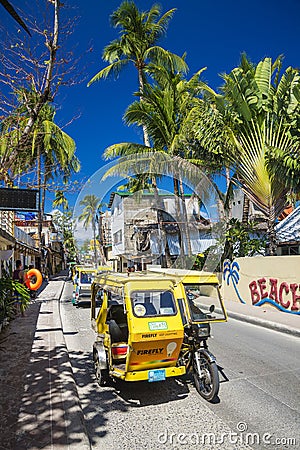 Trike moto taxis on boracay island main road in philippines Editorial Stock Photo