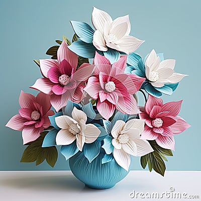 Trillium Arrangement: Teal And Pink 3d Paper Flowers In A Vase Stock Photo