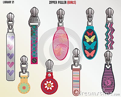 Fashion Design Latest Trend Zipper Slider and Pullers for Kid Girls and Teen Girls Vector Illustration