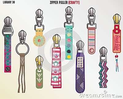 Trendy Crafted Boho Zipper Slider and Pullers for Kid Girls and Teen Girls Vector Illustration