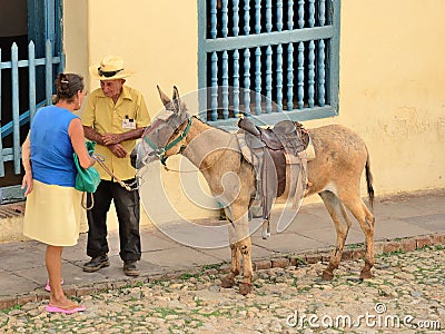Trinidad, Cuba -Genre sketch with a donkey. Editorial Stock Photo