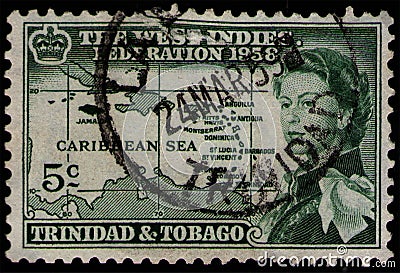 Stamp printed by Trinidad and Tobago, dedicated to formation of the West Indian Federation Editorial Stock Photo