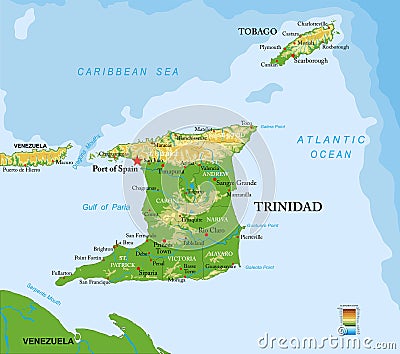 Trinidad and Tobago islands highly detailed physical map Vector Illustration