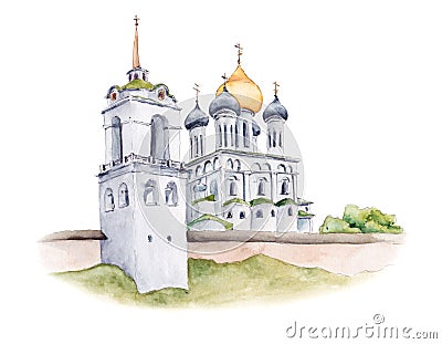 Trinity Cathedral of Pskov Kremlin, Russian Orthodox church, watercolor illustration Cartoon Illustration