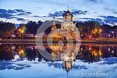 Trinity church reflecting in Ostankino pond Stock Photo